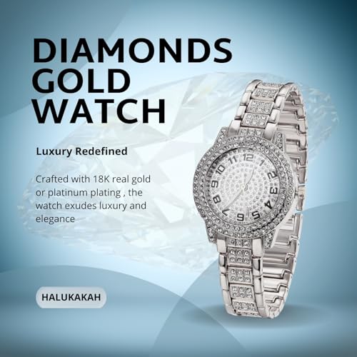 Image of Halukakah Diamonds Watch Iced Out for Boy Teens Kids - 18K Real Gold /Platinum Plated,Arabic Numerals Round Dial,Japanese Quartz - 7.7 inch Length - Optional with Cuban Link Chain - for Birthday,Parties