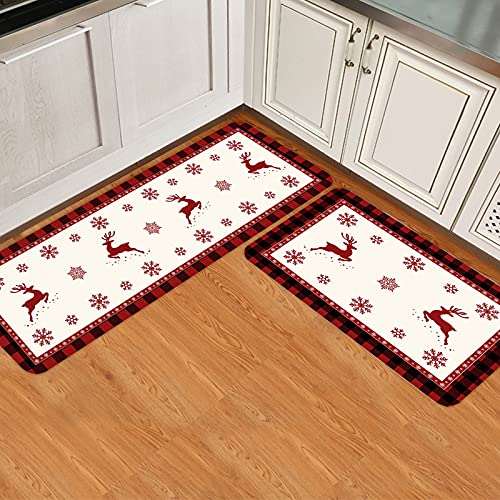Reindeer Christmas Kitchen Mats Sets 2 Piece, Xmas Deer Red Black Buffalo Check Plaid Kitchen Rugs and Mats Non-Slip Washable Runner Carpets for Christmas Decorations, 15.7