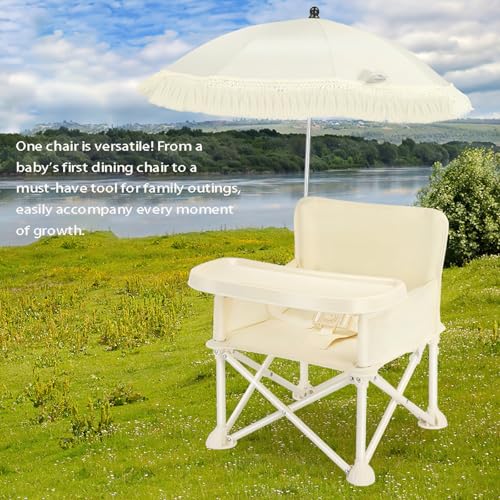 Image of Portable Folding Baby Dining Chair, Outdoor high Chair, Foldable Toddler Feeding seat with Sunshade and seat Belt (Beige Tassel Umbrella)