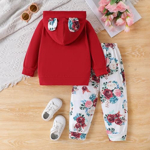 Image of 2PC Girls Clothes Girl letter and Floral print Hooded Set, letter print Top +Floral print Pants Set