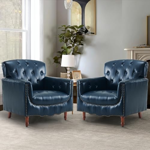 MOJAY-Modern-Accent-Chair-Mid-Century-PU-Leather-Living-Room-Chair-Comfy-Armchair-with-Thick-Padded-Cushion-Lounge-Sofa-Club-Chair-with-Sturdy-Wood-Legs-for-Bedroom-Home-Office-Navy MOJAY Modern Accent Chair Mid Century PU Leather Living Room Chair Comfy Armchair with Thick Padded Cushion Lounge Sofa Club Chair with Sturdy Wood Legs for Bedroom Home Office Navy
