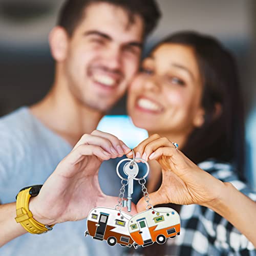 Image of Thinp 2 Pieces Camper Keychain, RV Camper Keyring Accessories for Travel Trailers Enameled Metal Retro Camping Car Keychain