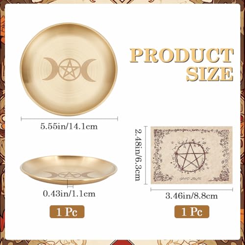 CREATCABIN Pentagram Altar Plate Moon Tarot Plate Ritual Burning Candle Holder Bowls Offering Incense Aromatherapy Tray Ceremony Plates with Altar Card Home Decor for Witchcraft Wiccan Golden 5.55in - Image 2