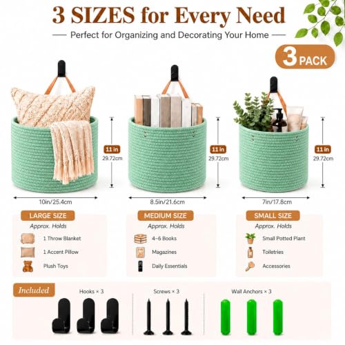 Image of Honeydak 3 Hanging Baskets, Sage Green, Cylinder, Cotton Rope