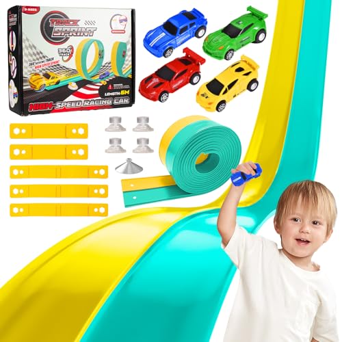 Car Track 6m Flexible Race Track Cars Ramp Track Toy with 4 Alloy Cars and Storage Bag Rolls Up Portable Dual Car Race Tracks Toy for Kids Ages 3+ (Yellow & Green)