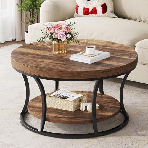 Condemo Round Coffee Table for Living Room, 2-Tier Circle Coffee Table with Storage, Accent Center Table Modern Design, Rustic Brown and Black