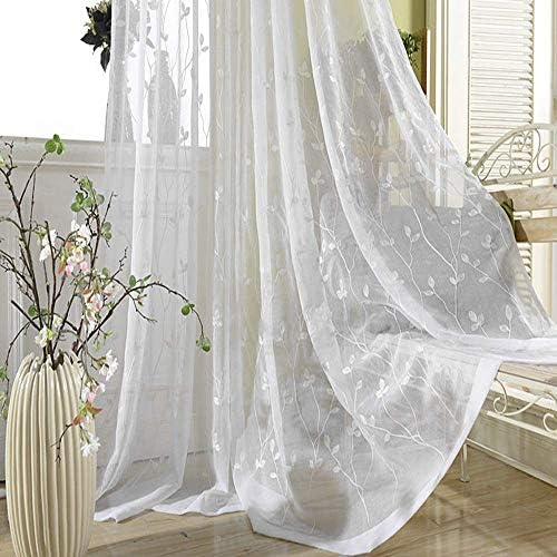Vine Curtain Sheer White Linen Curtain Embroidered Drape Rod Pocket Light Flow Sliding Glass Door Window Treatments Voile Tulle Panels for Dining Living Room 1 Panel 75 x 102 inch
