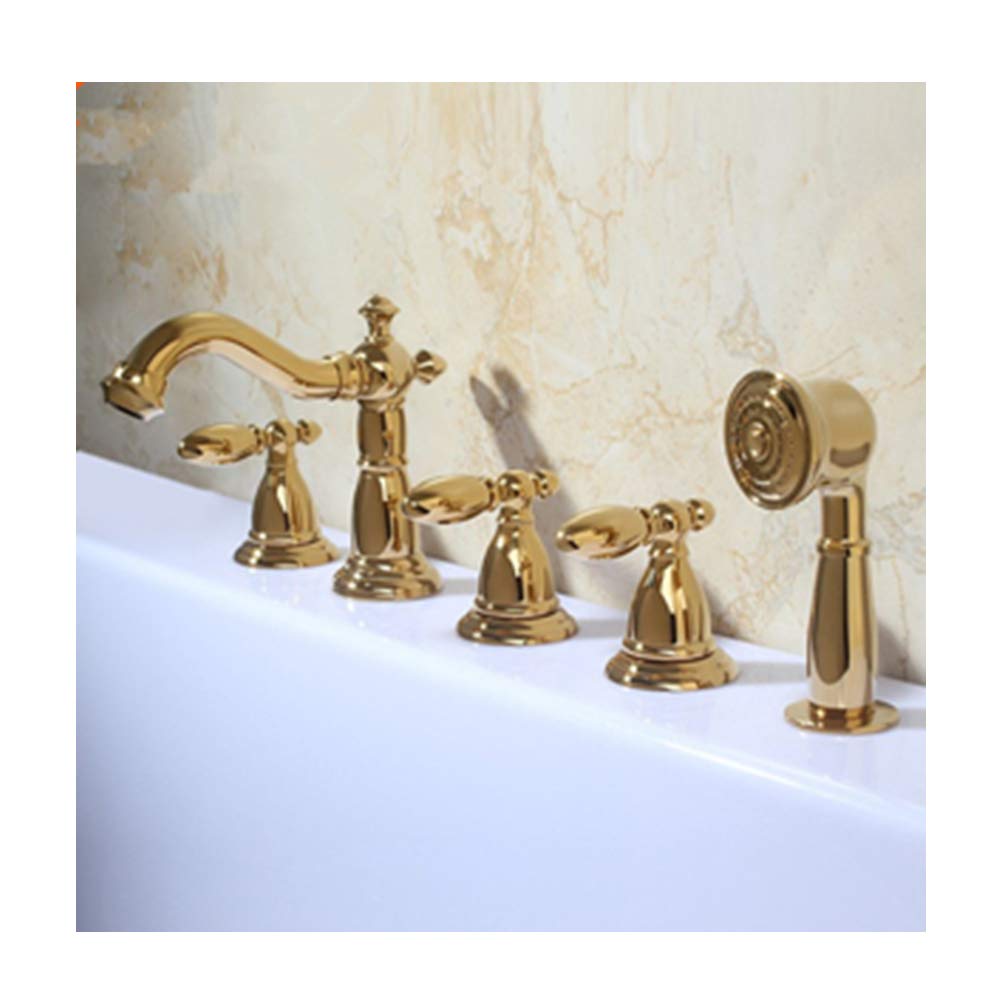 BHGFYXBS Gold Bathtub Faucet With Hot And Cold Water Brass Deck Mounted Bathtub Shower Mixer Tap 3 Handles Bathtub Faucet Set With Handheld Shower