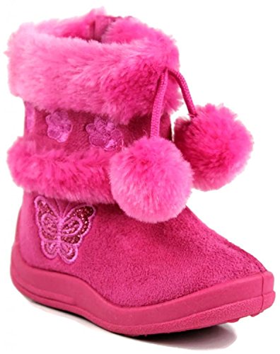 Kali Footwear Little Girls Zello Glitter Pom Pom Boots, Hot Pink 04