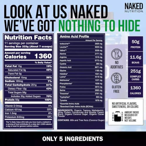 naked chocolate mass gainer - all natural weight gainer protein powder - 8lb bulk gmo free gluten free amp soy free no artificial ingredients - 1360 calories