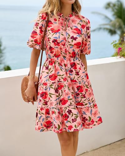 Image of BTFBM Women Summer Floral Short Dresses V Neck Short Sleeve Tiered Ruffle Boho Swing Dress A-Line Mini Dresses