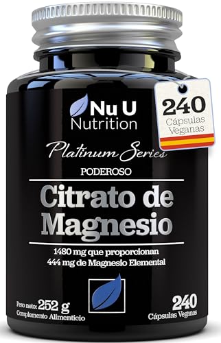 Magnesio Citrato 1480 mg - 240 Cápsulas Veganas (No Comprimidos) - 444 mg de Magnesio Elemental de Alta Potencia - Suministro para 4 Meses - Fabricado en Europa - Nu U Nutrition