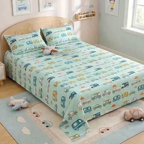 Story@Home Car Theme Kids Double Bedsheet 225x250 cm with 2 Pillow Covers | Cotton Feel 180 TC Soft Fabric | Motor Green Car & Transport Design | Breathable & Comfortable