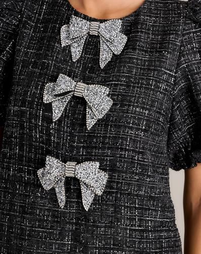 Tweed Dress Woman with Bows Plaid Puff Short Sleeve Black Jackie O Dresses Casual Sparkly Mini Skirt4