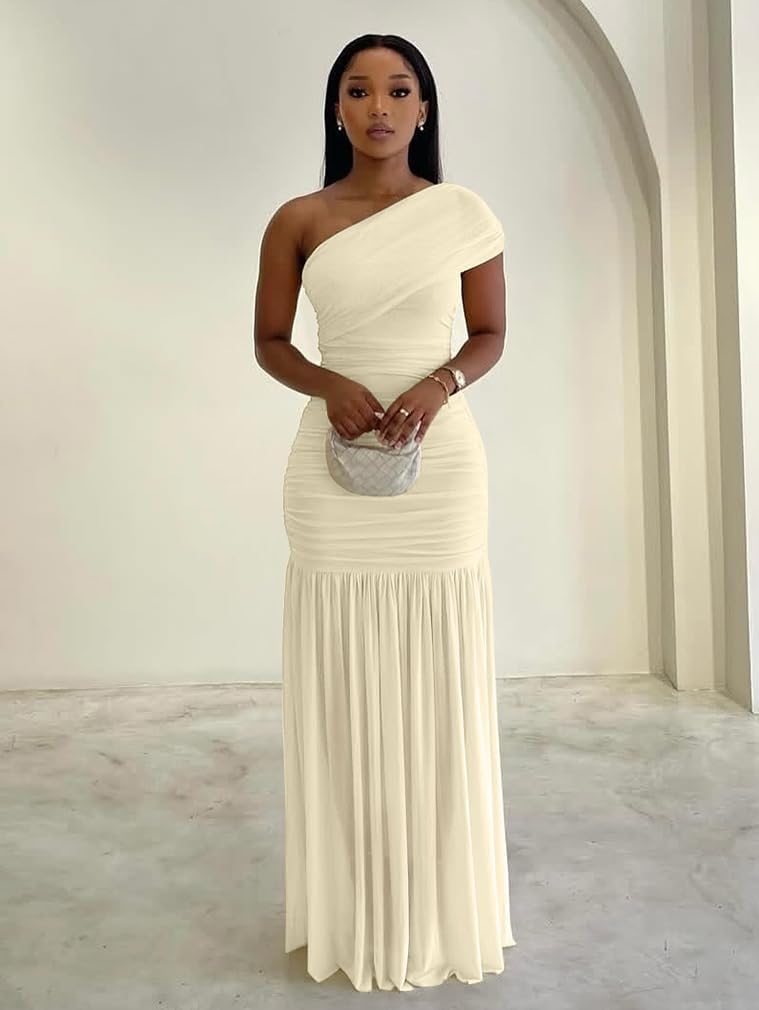 LAGSHIAN Women's Elegant Formal Long Dress One Shoulder Sleeveless Ruched Bodycon Evening Dress - Image 2