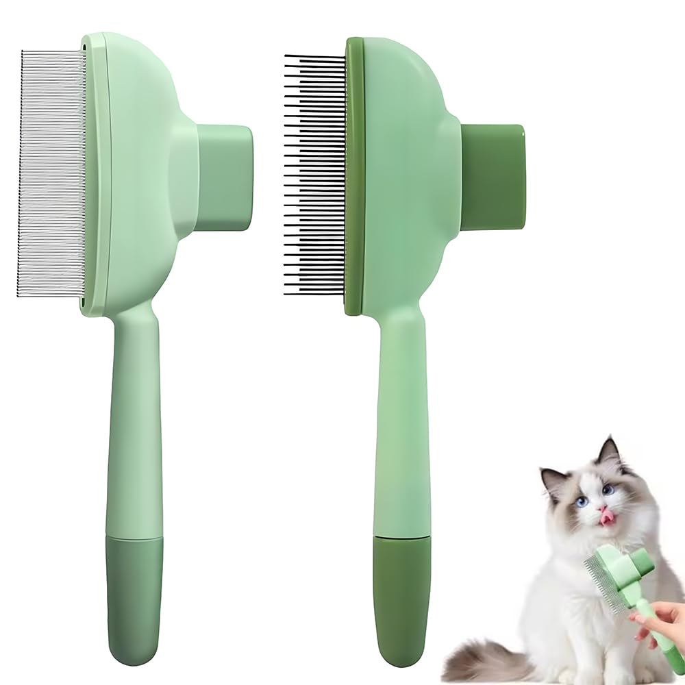 XIANFQNKJ 猫犬用コーム ペット用ブラシ ワンプッシュ式 抜け毛取りコーム 猫犬兼用 ノミ取り櫛 密歯&長短歯 痛くない くし 長毛・短毛種対応 トリミング用 グルーミングコーム(グリーン)