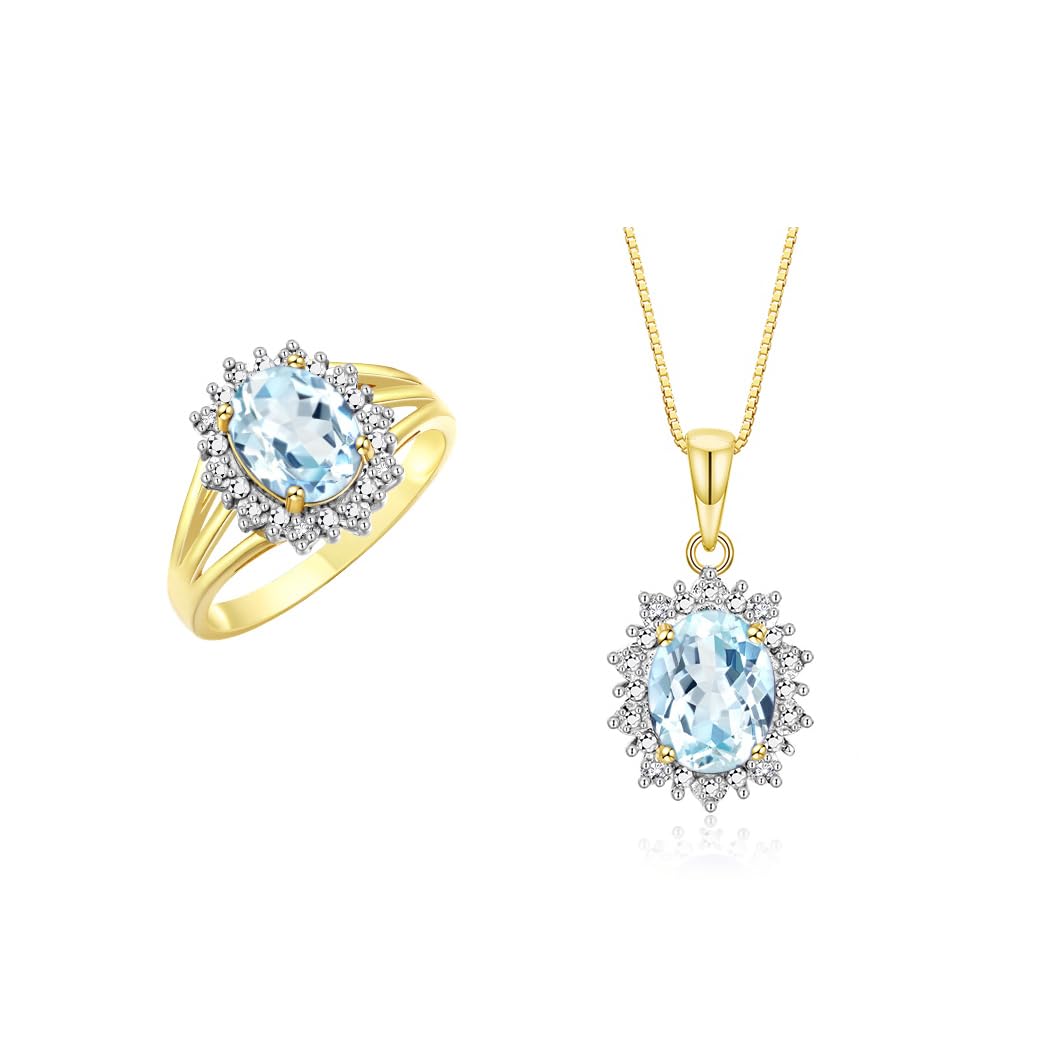 Rylos Women's Yellow Gold Plated Silver Princess Diana Ring &amp; Pendant Set. Gemstone &amp; Diamonds, 9X7MM Birthstone. Matching Friendship Jewelry, Sizes 5-10.