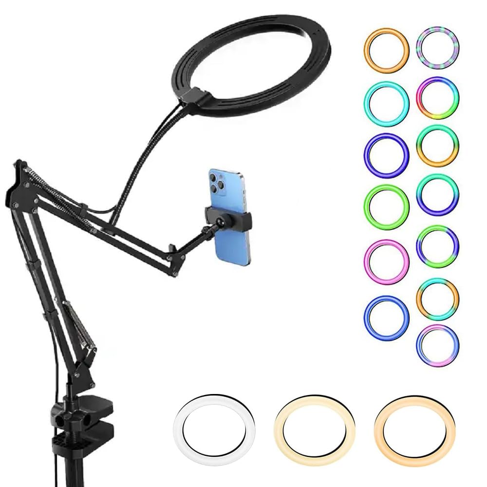 10'' Ring Light, 2 in 1 Overhead Phone & Camera Mount, Flexible Articulating Phone (Iphone & Android) heavy arm Stand, Dimmable Levels & 15 RGB Colors, for Live Stream/Video Recording,Ring Lamp Fill