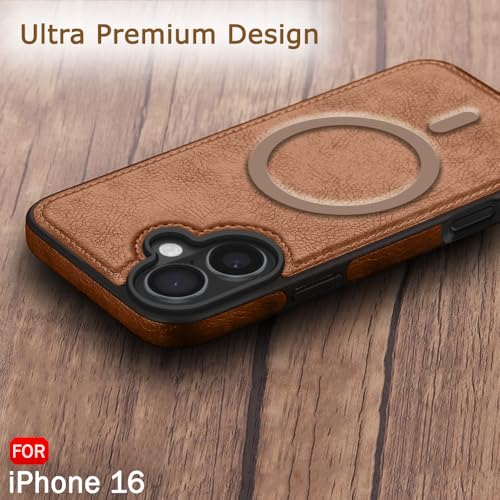 Image of TheGiftKart Genuine Leather Finish Back Cover Case for iPhone 16 | Shockproof Design | Raised Edges for Camera & Screen Protection | Stunning Minimalist Design Case Cover (Compatible MagSafe, Brown)