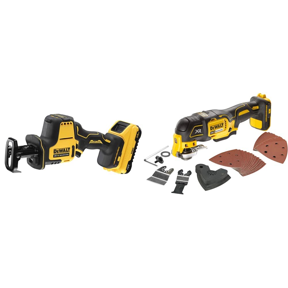 DEWALT DCS369NT-XJ Scie Sabre Compacte - XR 18V - Brushless & Outil Oscillant Multi Cutter 18V Sans Fil Brushless - Livré avec Jeu d'Accessoires de Coupe et de Ponçage de 29 Pièces