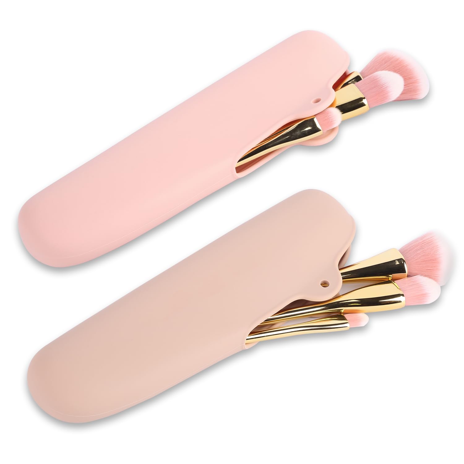 AULEGE Travel Makeup Brush Holder, 2 Pack Anti-Fall Out Silicone Makeup Brush Organizer Case, Silicone Makeup Brush Bag, Portable Cosmetic Face Brushes Holder for Travel, Daily(Dark Pink/khaki)