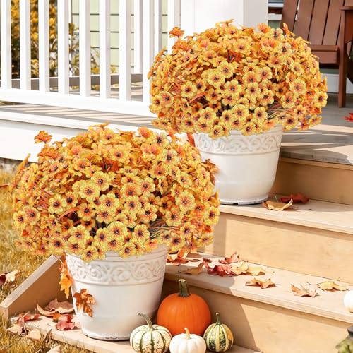 Image of 22 Pack Artificial Fall Flowers Mums for Outdoor Indoor(Fall Yellow)