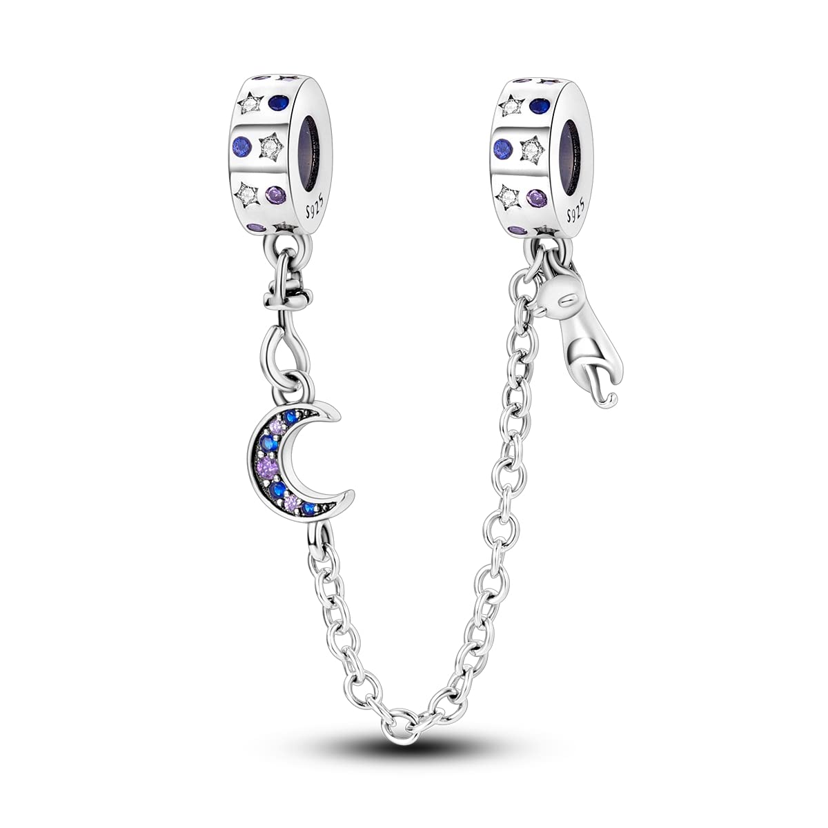 CGCSYZ 925 Sterling Silver Safety Chain for Charms Bracelets Dangle Pendants Beads Cute Cat Jewelry Gift for Women Girls (Moon and Cat)
