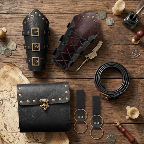 Image of Renaissance Belt Pouch Medieval Viking Leather Bracers Set for LARP