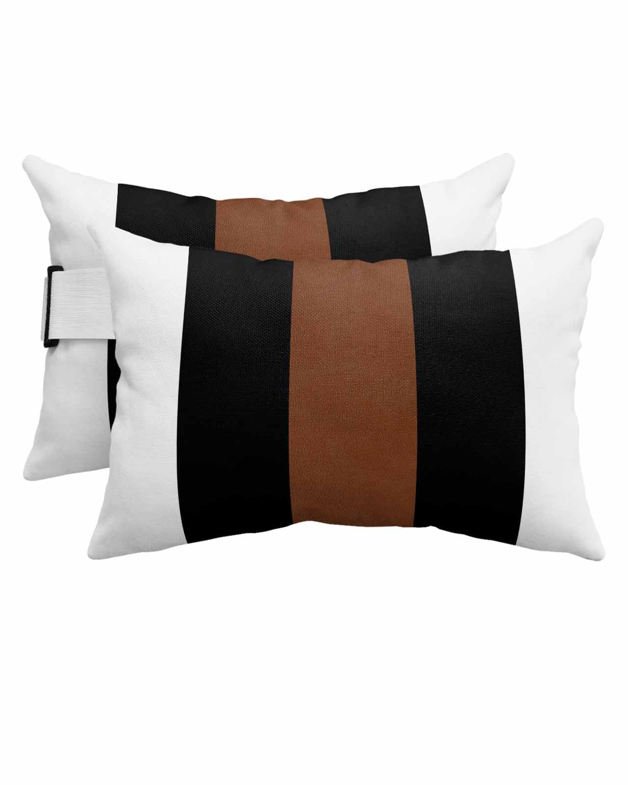 Outdoor Pillows Covers with Inserts Boho Black Brown and White Striped Tribal Farmhouse Style Waterproof Pillow with Adjustable Strap Throw Pillows for Patio Furniture Lounge Chair, 12x20 Inch, 2PCS