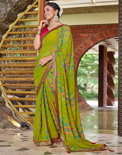 Image of SIRIL Women's Printed Chiffon Saree with Unstitched Blouse Piece
