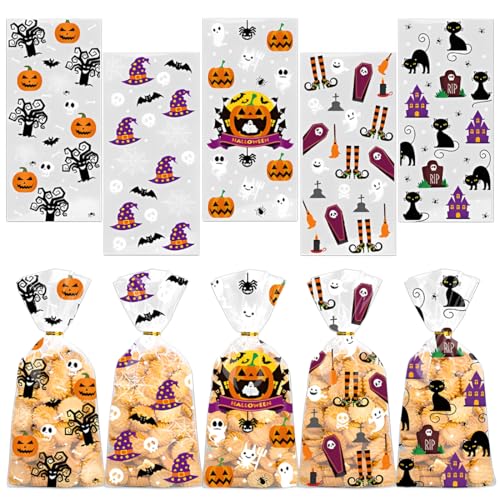 EIHI 100 Stück Cellophantüten Halloween Tüten Mit 120 Twist Krawatten für Süßigkeiten Tütchen Zum Befüllen für Halloween Zellophantüten Klein für Plätzchen Kekse Pralinen