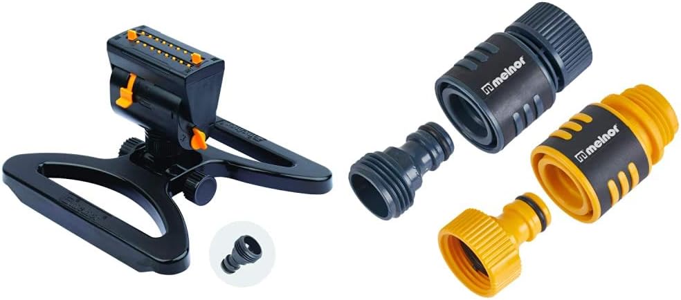 Melnor 65003-AMZ MiniMax Turbo Oscillating Sprinkler with QuickConnect Product Adapter Watering Set, On Base, Black, Yellow & 65027-AMZ QuickConnect 4pc Set, Color-Coded