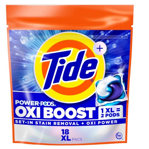Image of Tide Oxi Boost Power PODS Laundry Detergent Pacs, 18 Count, Set-In Stain Removal + Oxi Power, laundry soap detergent pacs