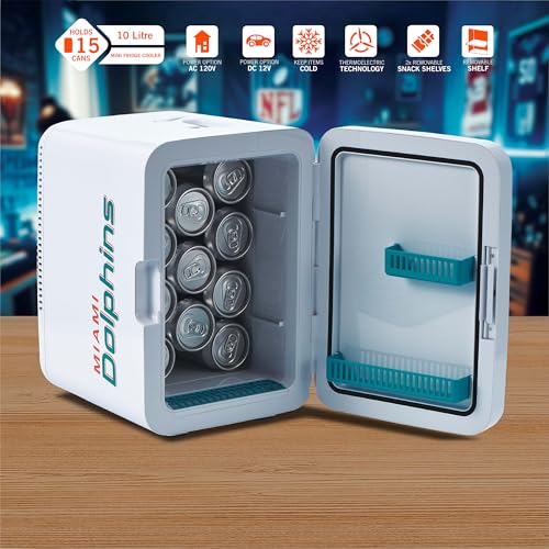 Image of Ukonic NFL Miami Dolphins 15-Can Mini Fridge 10L - AC /DC Powered, Official Team Colors & Logo, Portable Cooler for Tailgates, Home, Office, or Car