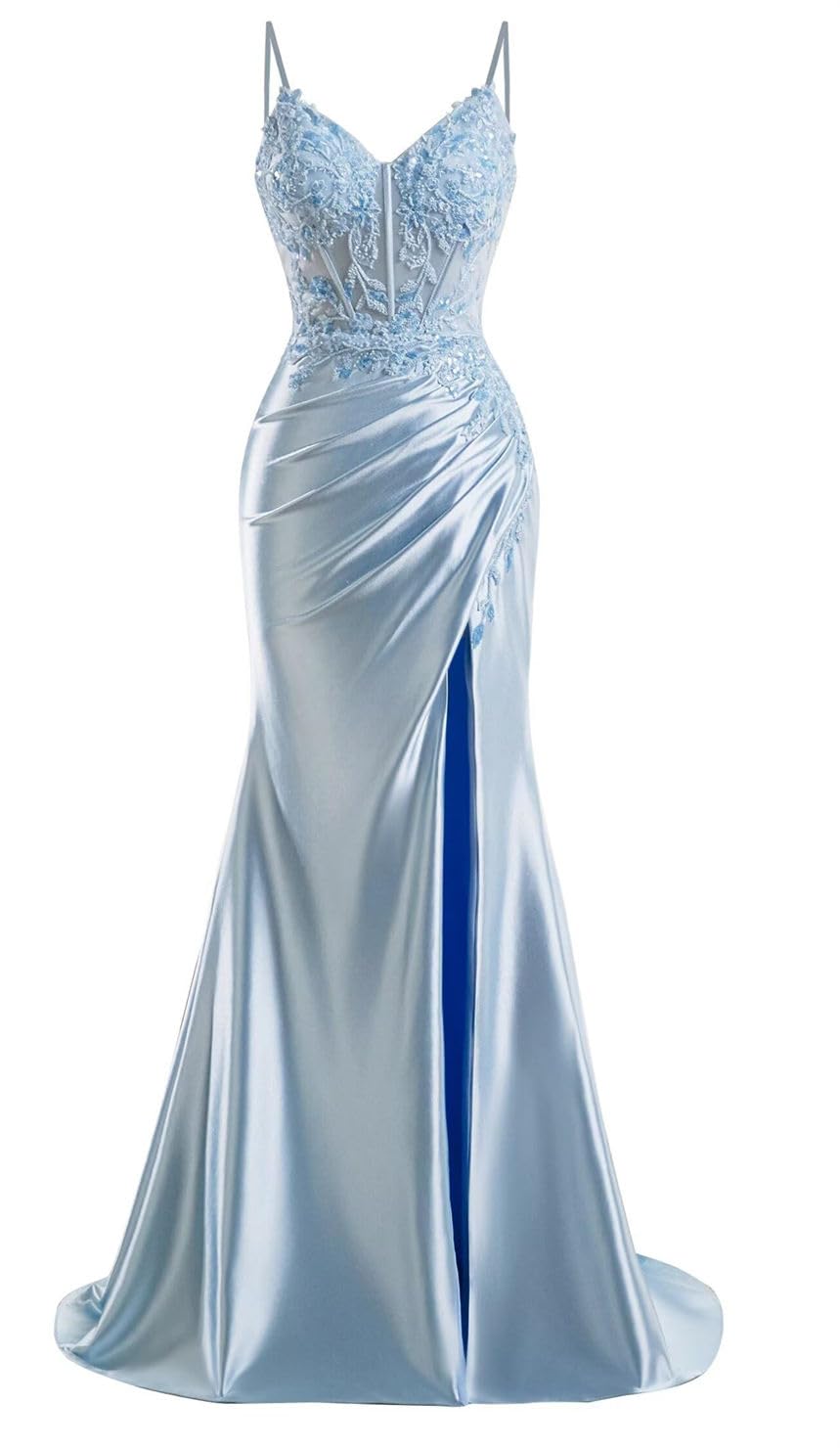 Hppee Women's Blue Spaghetti Strap Satin Prom Dresses With Slit For Lace Applique Mermaid Formal Dress Party Gown Uk8