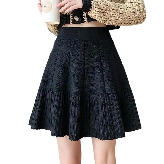 Women's Solid Elastic Waist Casual Slim Knitted A-Line Pleated Skirt