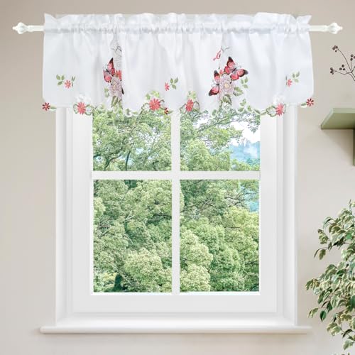 Molaxhome Beautiful Dazzling Embroidered Window Valance,Rod Pocket Valance and Tiers for Home Decor (Red, W58x14L)