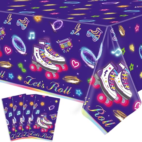 FVEOCR 4 Pack Roller Skating Table Covers Roller Skater Table Cloth Let's Roll Table Covers for Skate Themed Party Decoration 80s 90s Retro Hip Hop Roller Skating Theme Party Supplies