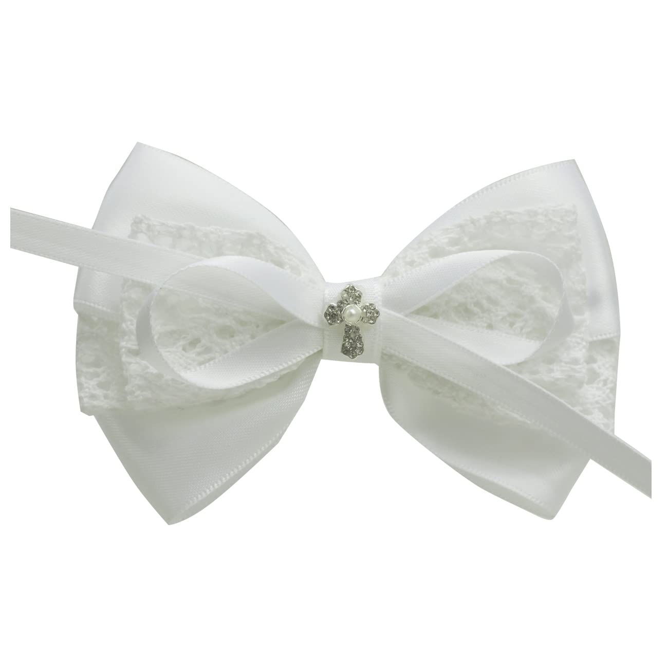 1Pcs White 4” Hair Bow for Toddler Girls Baptism Bow Christening Hair Accessories (I-white cotton lace bow with cross)