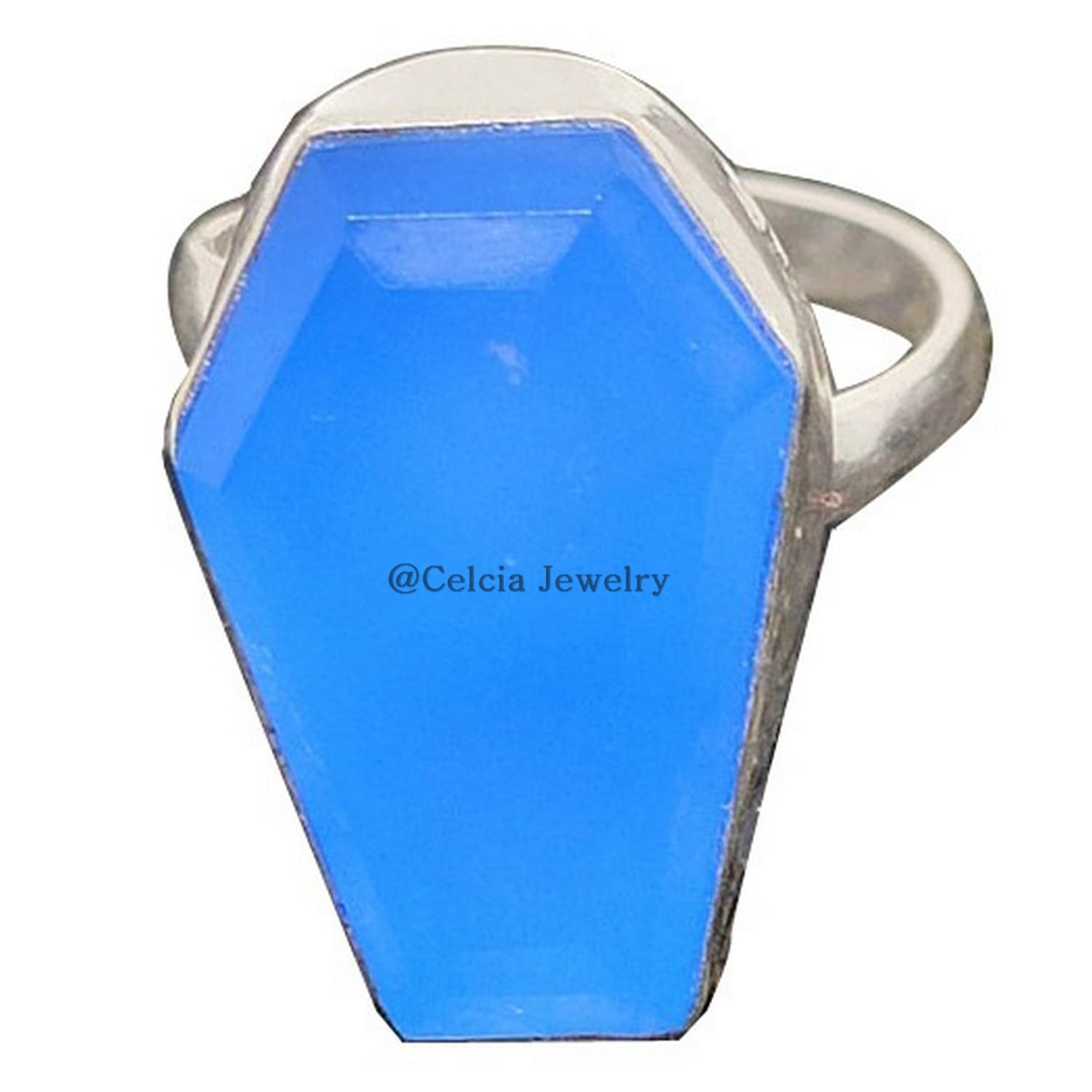 Anillo de ataúd de piedra preciosa azul natural de calcedonia, joyería gótica de plata de ley 925, anillo de promesa de declaración, anillo de boda, anillo de compromiso