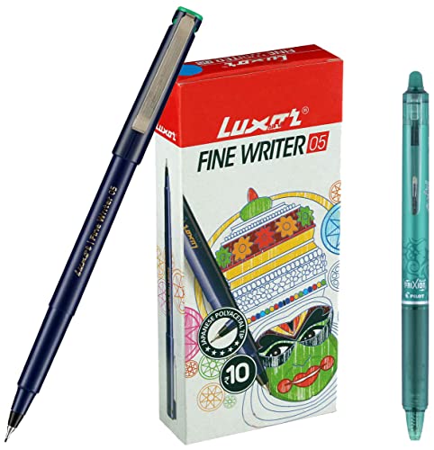 Image of Luxor Fine Writer Green Color (pack Of 10 Pen) & Pilot Frixion Clicker Roller Pen (Green),1 Count (Pack of 1),9000019531