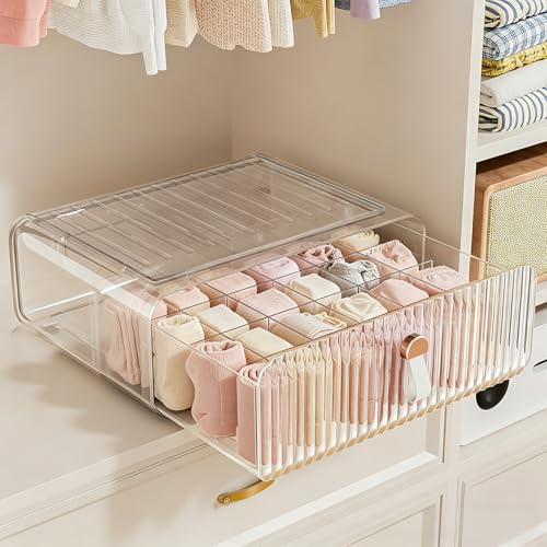 Sock Underwear Drawer Organizer – 24 Compartment Clear Acrylic Storage Bins with Removable Dividers for Closet, Stackable Dresser Drawer Box for No-Mess Socks, Tiers, Baby Clothes, Belt, Tea Bag