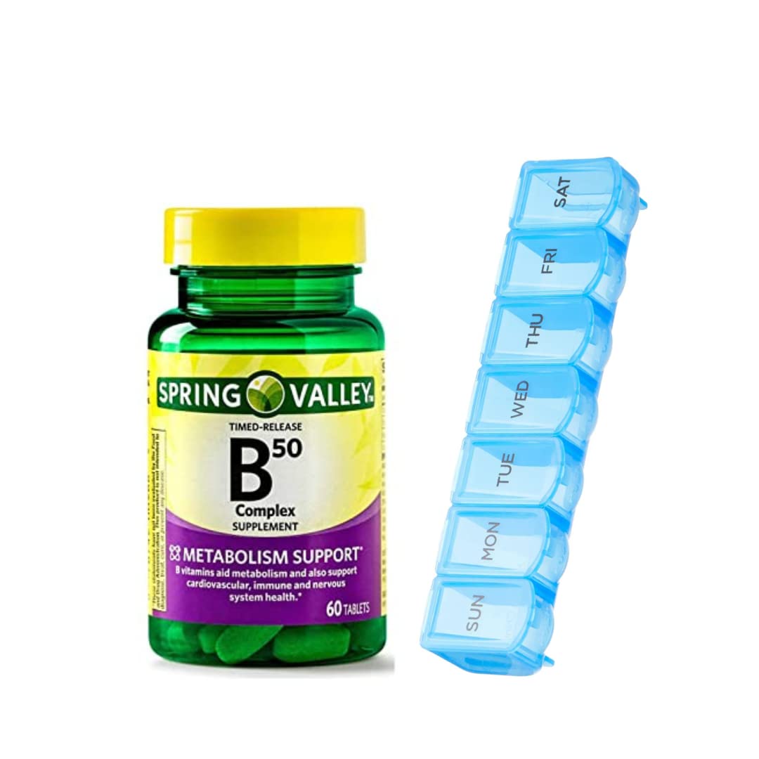 B-50 Complex Timed-Release Tablets Dietary Supplement, 60 Count by Spring Valley + AM/PM Weekly Pill Box