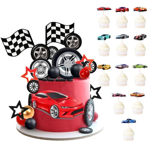 QingWing 40 Pièces Décorations de Gâteau de Voiture Course avec Drapeau à carreaux, Décorations pour Cupcakes en Forme de Voiture de Course, pour Les...
