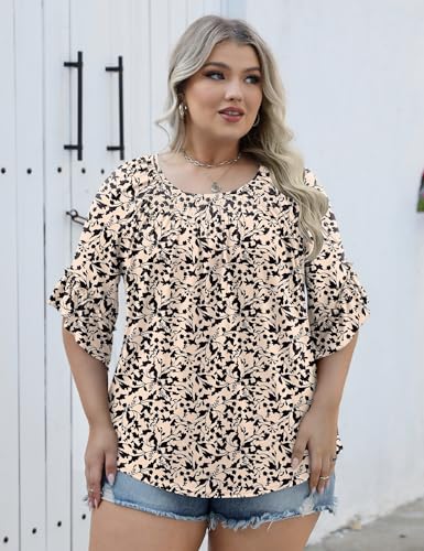 Image of Micoson Womens Plus Size Tops 3 /4 Ruffle Sleeve Crewneck Pleated Shirts