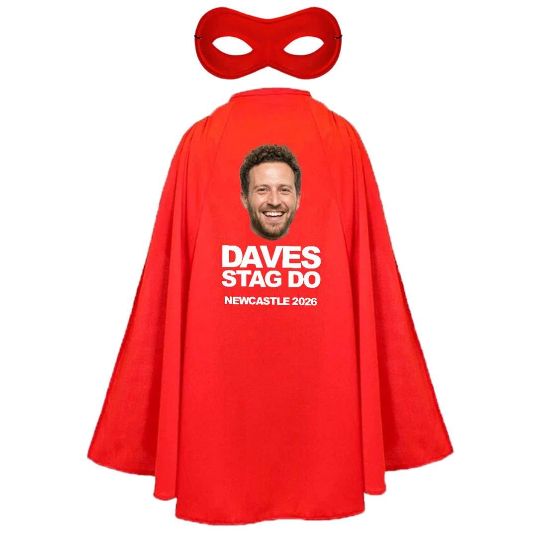 Adults Personalised Superhero Stag Costume - Pack of 6 - Long Red Cape with Your Design on the Back, Matching Eyemask - Mens Stag Party Upload Your Own Design Customised Fancy Dress Outfit