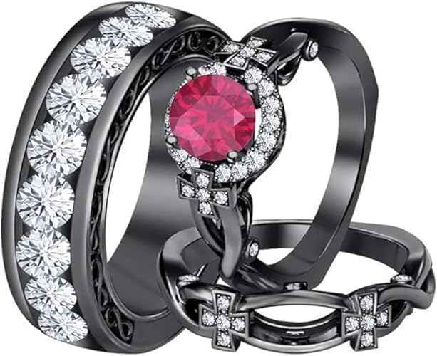 14K Black Gold Over Round Cut White Diamond & Ruby 925 Sterling Silver Cross Wedding Bridal Trio Ring Set for His & Her