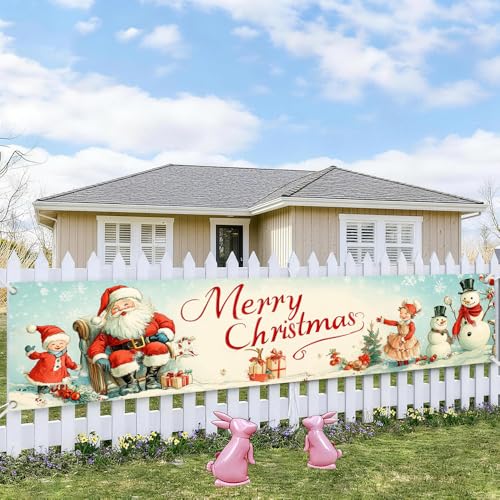Image of Vintage Snowman Christmas Banner 78.7 x 17.7 Inch Santa and Snowman with Retro Winter Scene Holiday Decoration for Yard Fence Garden or Indoor Wall Display Seasonal Celebration