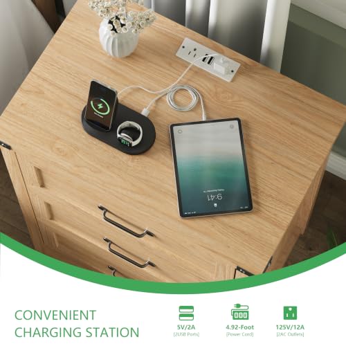 Image of Xixini Nightstand with Charging Station, 24 inch Wide Farmhouse Bedside Table with 3 Deep Storage Drawers, Modern Wood Side Table with Mental Handle, Tall End Table for Bedroom, Oak
