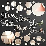 3D Acrylic Mirror Wall Decor Stickers Round DIY Faith Live Laugh Hope Love Family Mirror Wall Decor Solid Circle Mirror Wall Decal for Home Office School Classroom Teen Dorm Room Decoration (Silver)